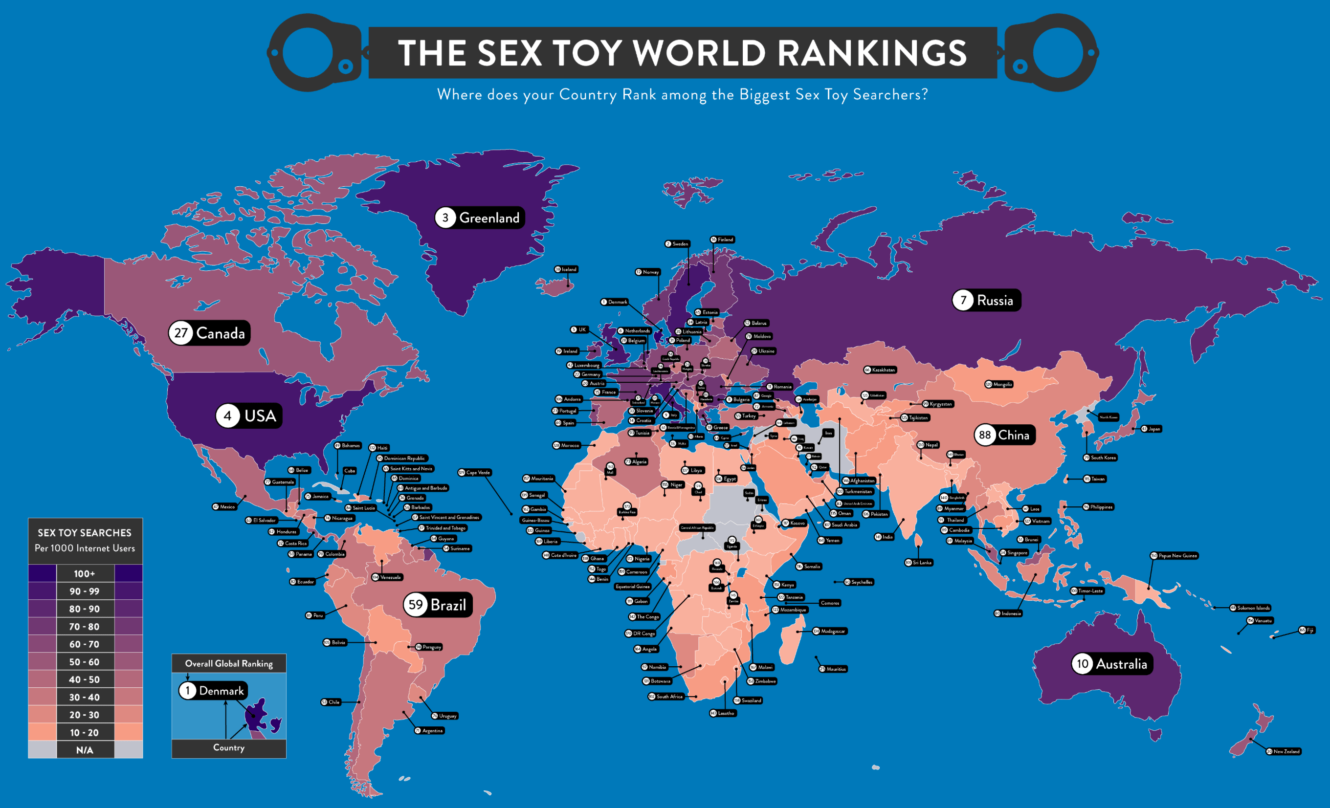 Countries that love sex toys on the map